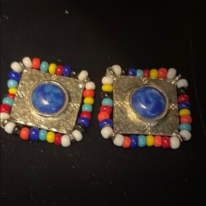Vintage Colorful Beaded Square Clip-on Earrings